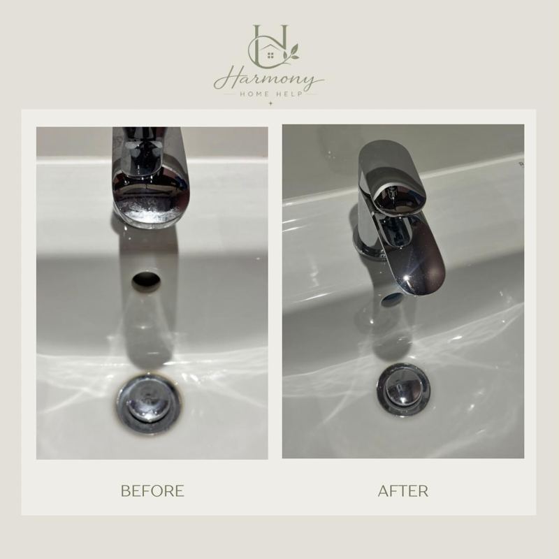 Bathroom tap and sink, before and after cleaning